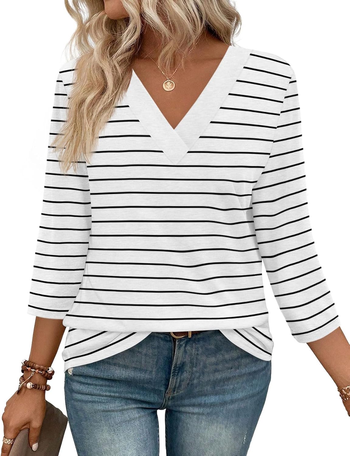 NEW🔥 Women's V Neck 3/4 Long Sleeve  Loose Fit  Tops