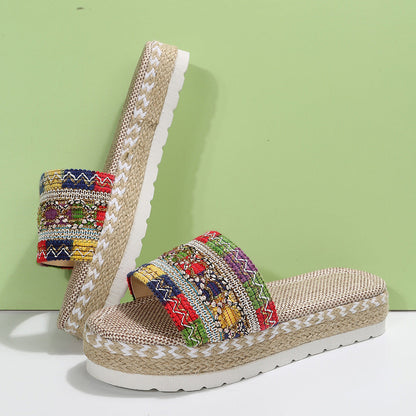 Peep-Toe Wedge Braided Jute Platform Comfortable Slip-On Sandals