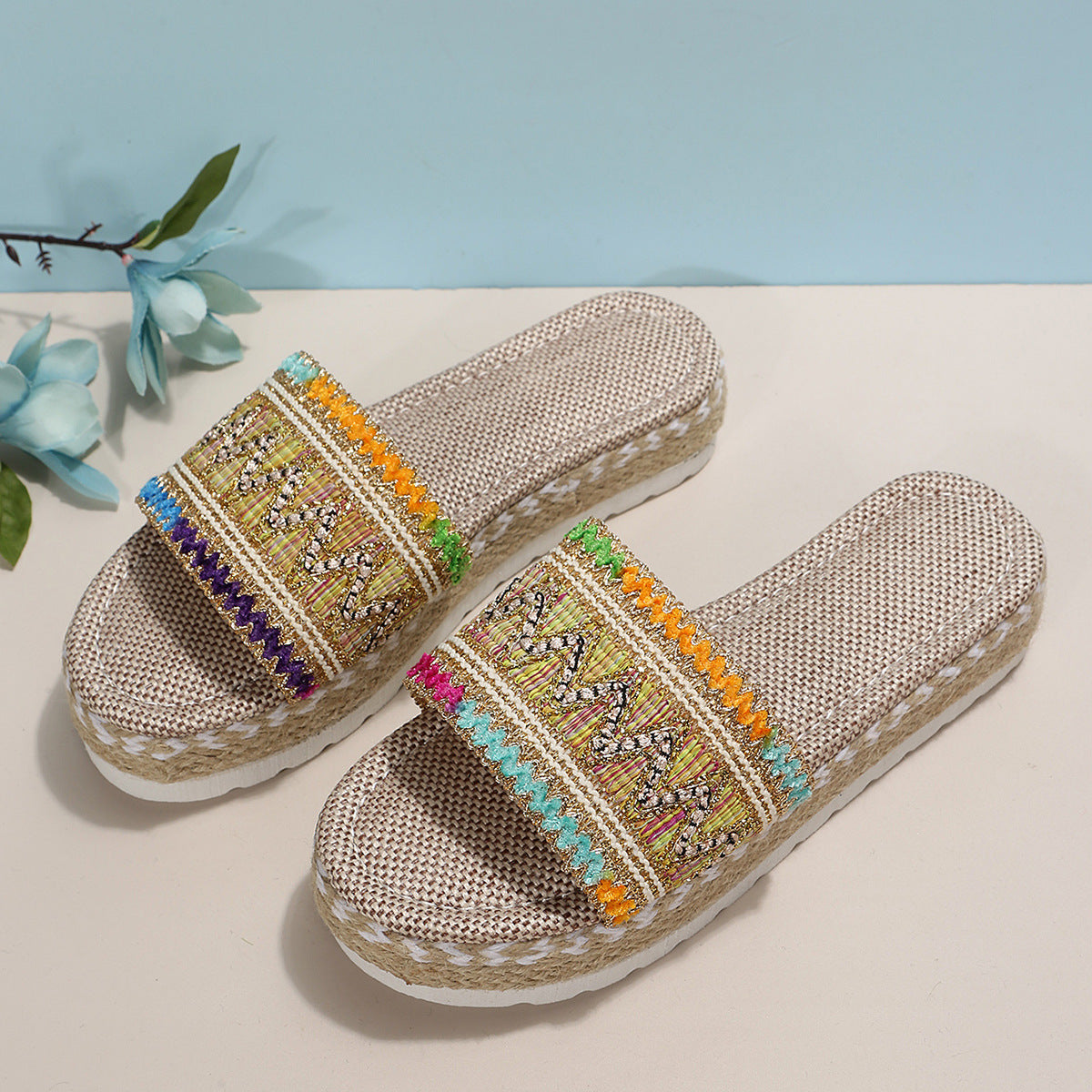 Peep-Toe Wedge Braided Jute Platform Comfortable Slip-On Sandals