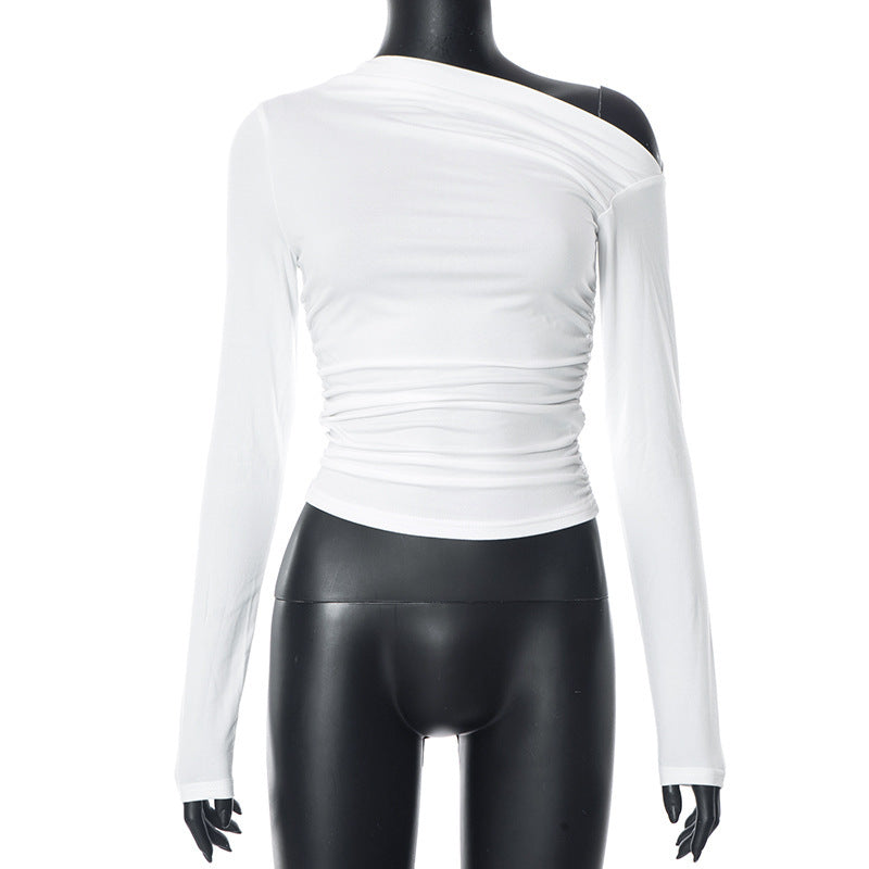 New INS Solid Color Asymmetrical Shoulder Long Sleeve Ruched Crop Top T-Shirt